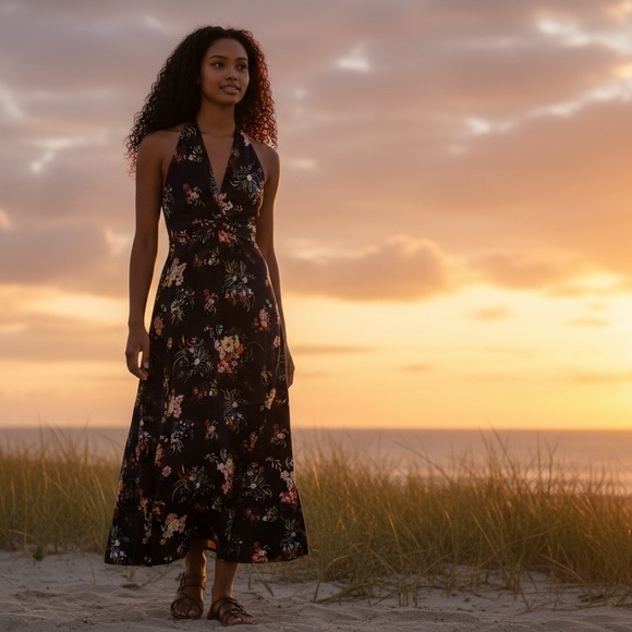 Vtg 60s/70s Gay Gibson Floral Halter Maxi Dress Navy Boho - Picture 2 of 7